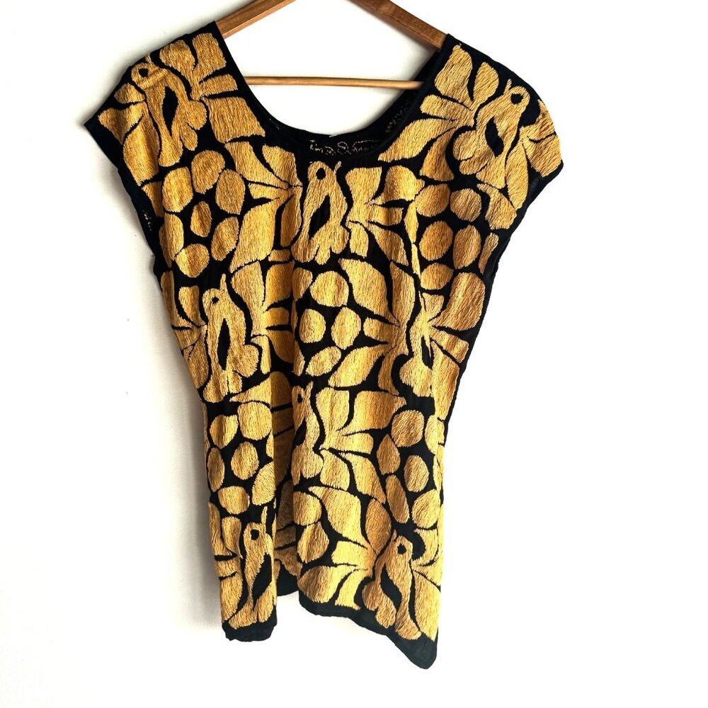 Vintage Fully Embroidered Black Mustard Green Summer Boho Top S